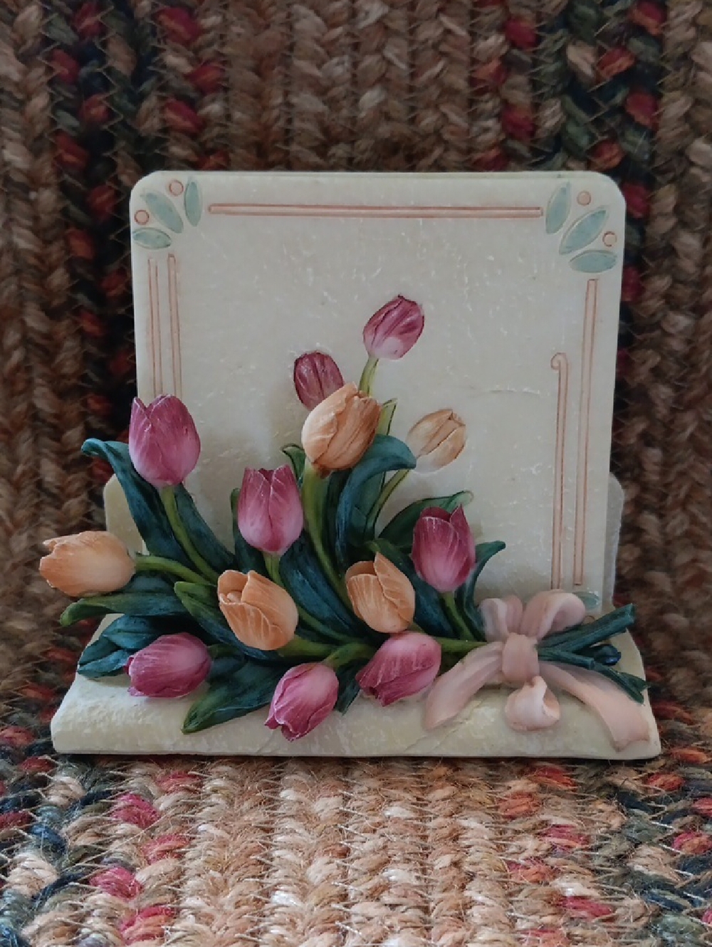 Set of 4 Richesco Hand Painted Tile Tulip Coasters With Cork Backing & Holder.